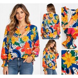 MASCOMODA Women’s Large Multicolor Floral V-Neck Boho Blouse Smocked Cuff NWT